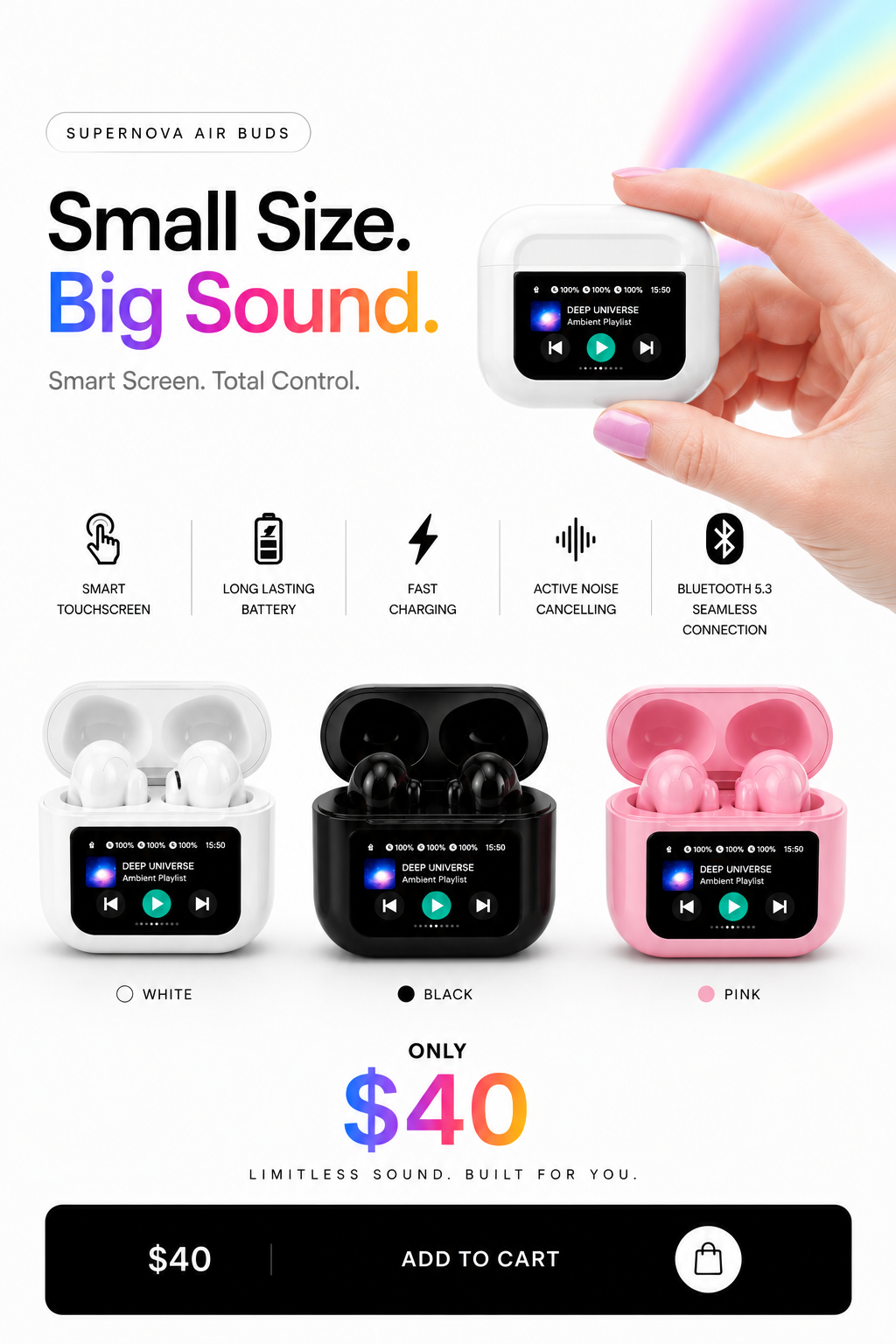 ANC Supernova Air Buds – Smart Touchscreen Wireless Earbuds (iPhone 17 Pro Compatible)