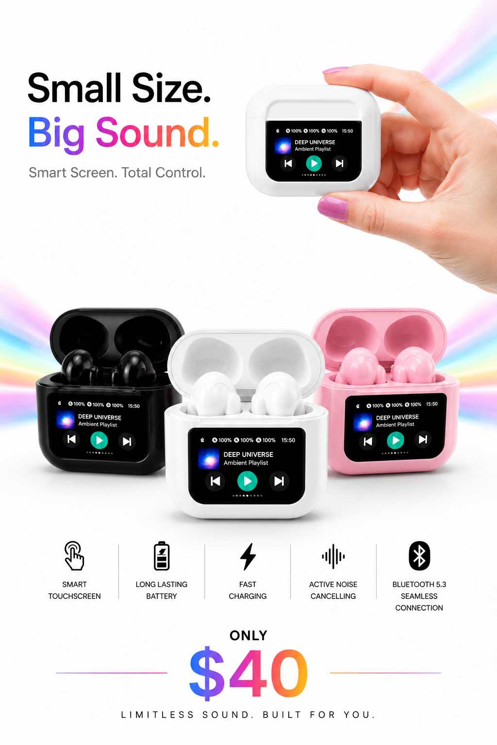 ANC Supernova Air Buds – Smart Touchscreen Wireless Earbuds (iPhone 17 Pro Compatible)