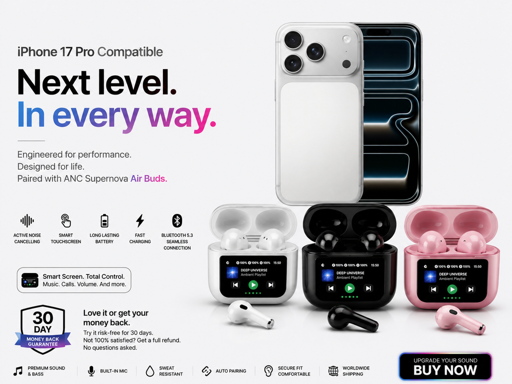 ANC Supernova Air Buds – Smart Touchscreen Wireless Earbuds (iPhone 17 Pro Compatible)