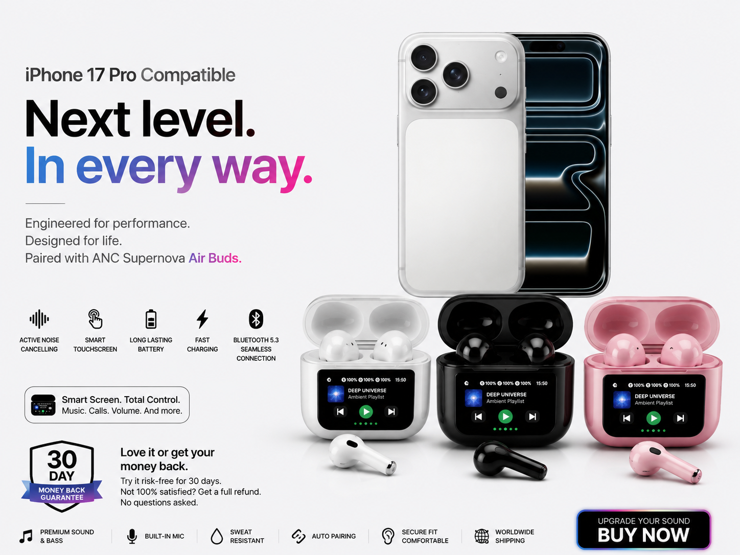 ANC Supernova Air Buds – Smart Touchscreen Wireless Earbuds (iPhone 17 Pro Compatible)