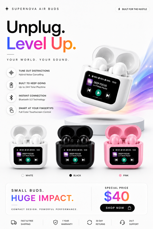 ANC Supernova Air Buds – Smart Touchscreen Wireless Earbuds (iPhone 17 Pro Compatible)