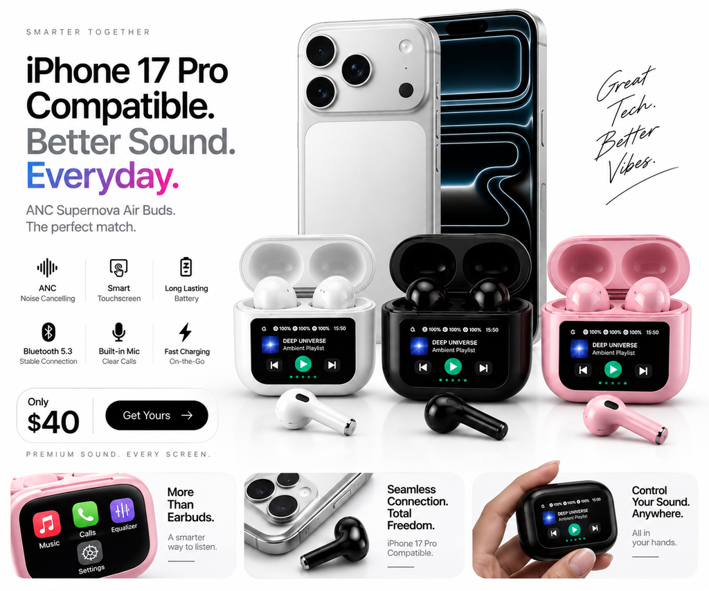 ANC Supernova Air Buds – Smart Touchscreen Wireless Earbuds (iPhone 17 Pro Compatible)