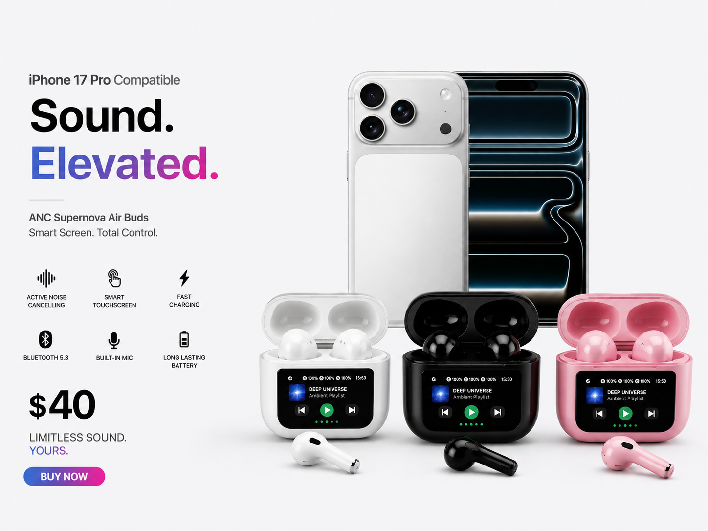 ANC Supernova Air Buds – Smart Touchscreen Wireless Earbuds (iPhone 17 Pro Compatible)