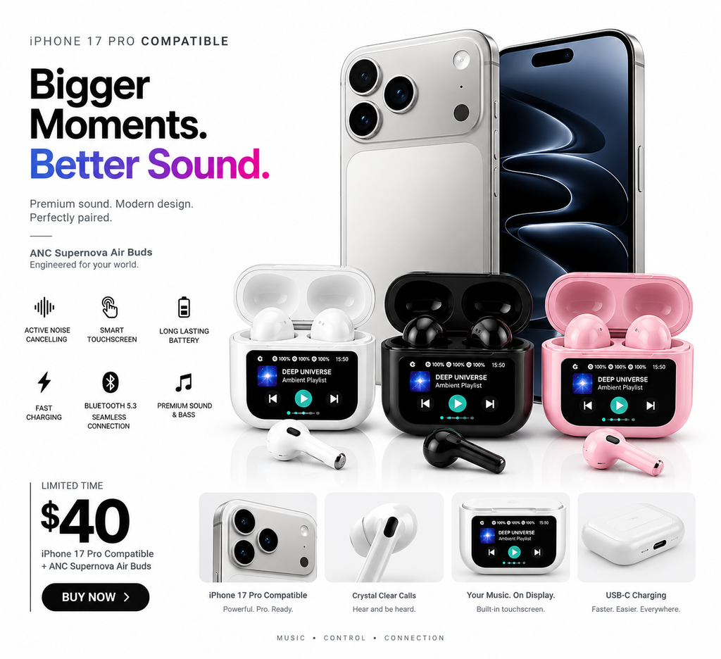 ANC Supernova Air Buds – Smart Touchscreen Wireless Earbuds (iPhone 17 Pro Compatible)